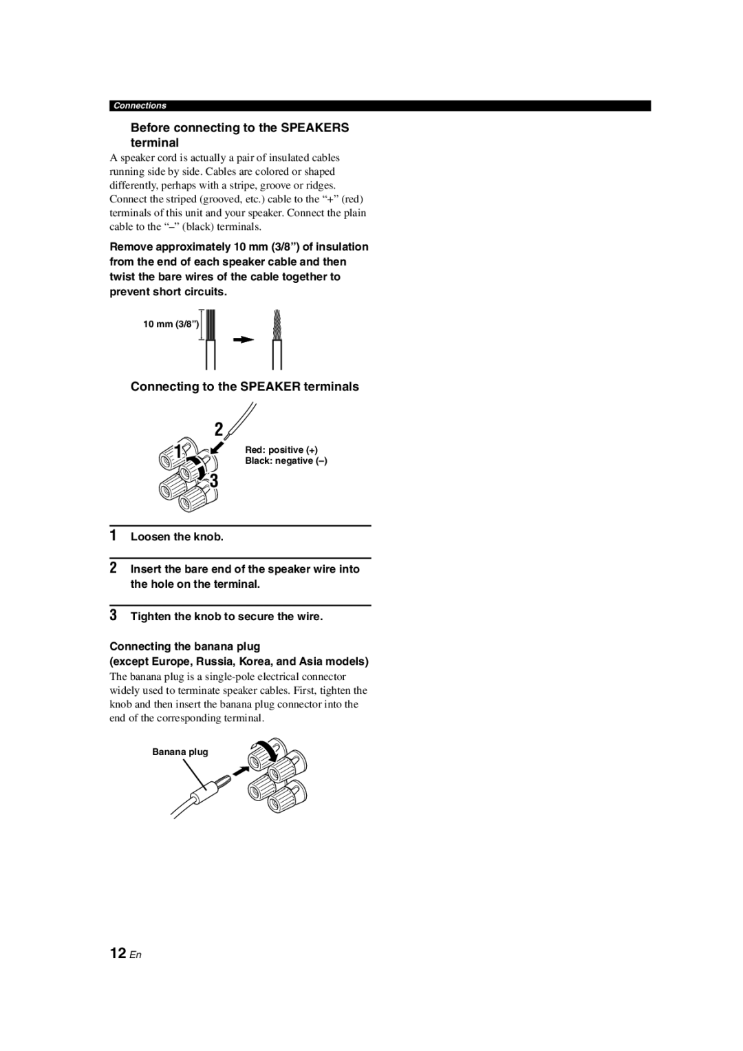 Yamaha HTR-6140 owner manual 12 En, Before connecting to the Speakers Terminal, Connecting to the Speaker terminals 