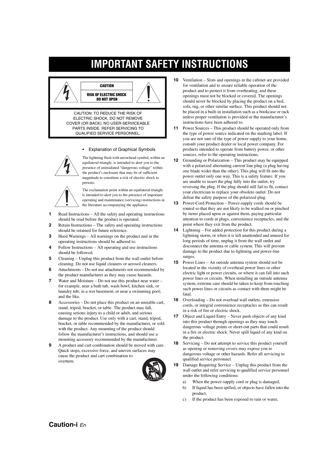 Yamaha HTR-6140 owner manual Important Safety Instructions 