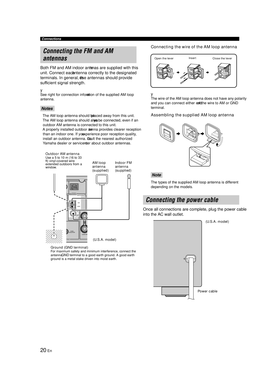 Yamaha HTR-6140 owner manual Connecting the FM and AM antennas, Connecting the power cable, 20 En 