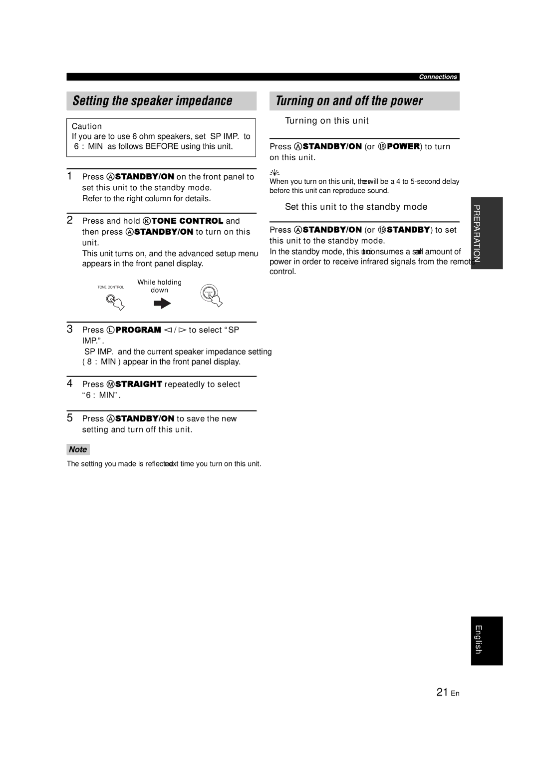 Yamaha HTR-6140 owner manual Setting the speaker impedance, Turning on and off the power, 21 En, Turning on this unit 