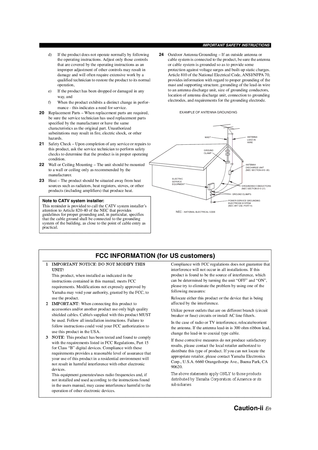 Yamaha HTR-6140 owner manual FCC Information for US customers, Example of Antenna Grounding 