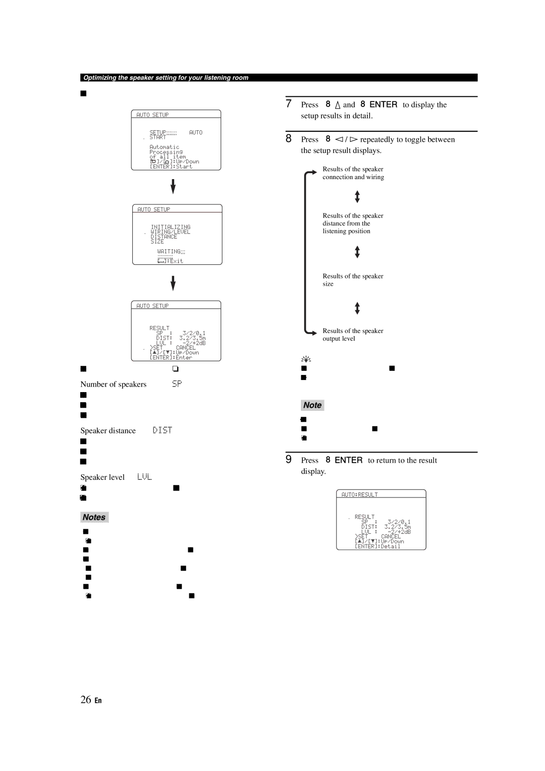 Yamaha HTR-6140 owner manual 26 En, Number of speakers SP, Speaker distance Dist, Speaker level LVL 