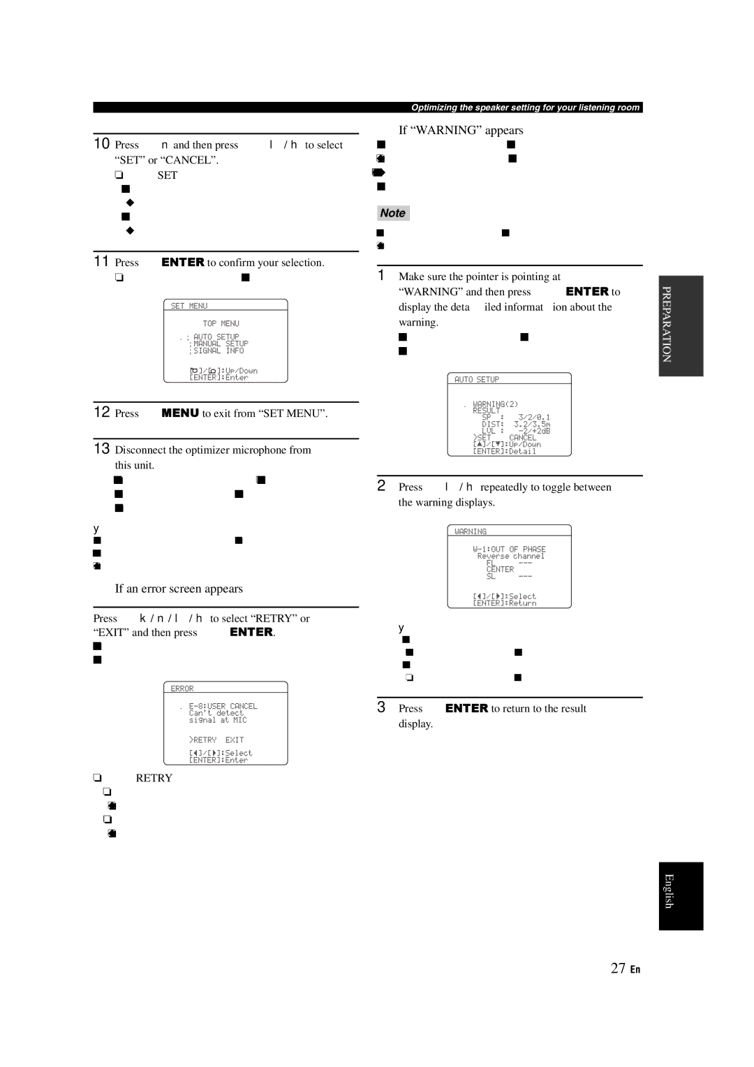 Yamaha HTR-6140 owner manual 27 En, If an error screen appears, If Warning appears, Press 8ENTER to confirm your selection 