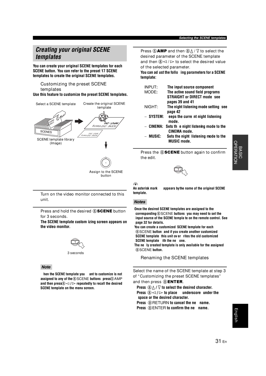 Yamaha HTR-6140 owner manual Creating your original Scene templates, 31 En, Customizing the preset Scene Templates 