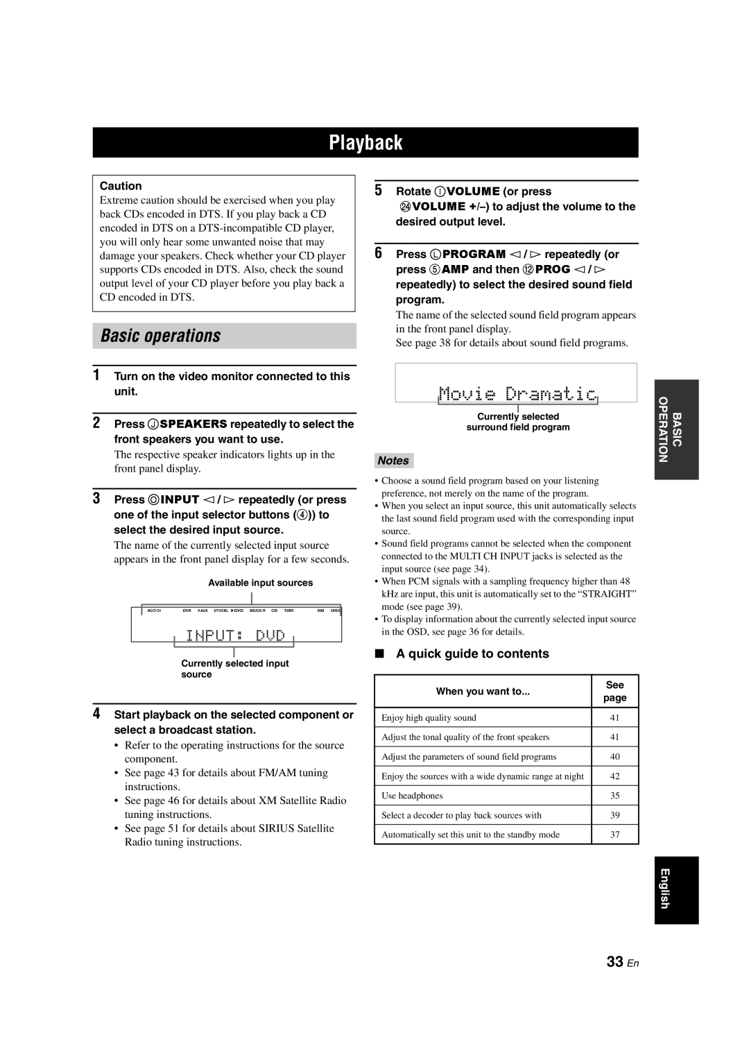 Yamaha HTR-6140 owner manual Playback, Basic operations, 33 En, Quick guide to contents 