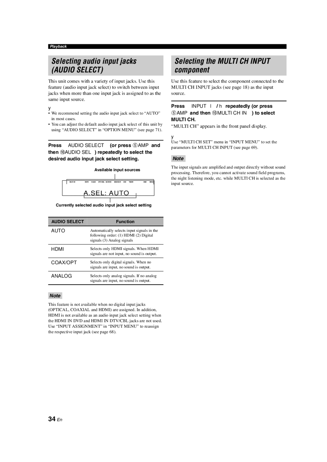 Yamaha HTR-6140 owner manual Selecting audio input jacks, Selecting the Multi CH Input component, 34 En 