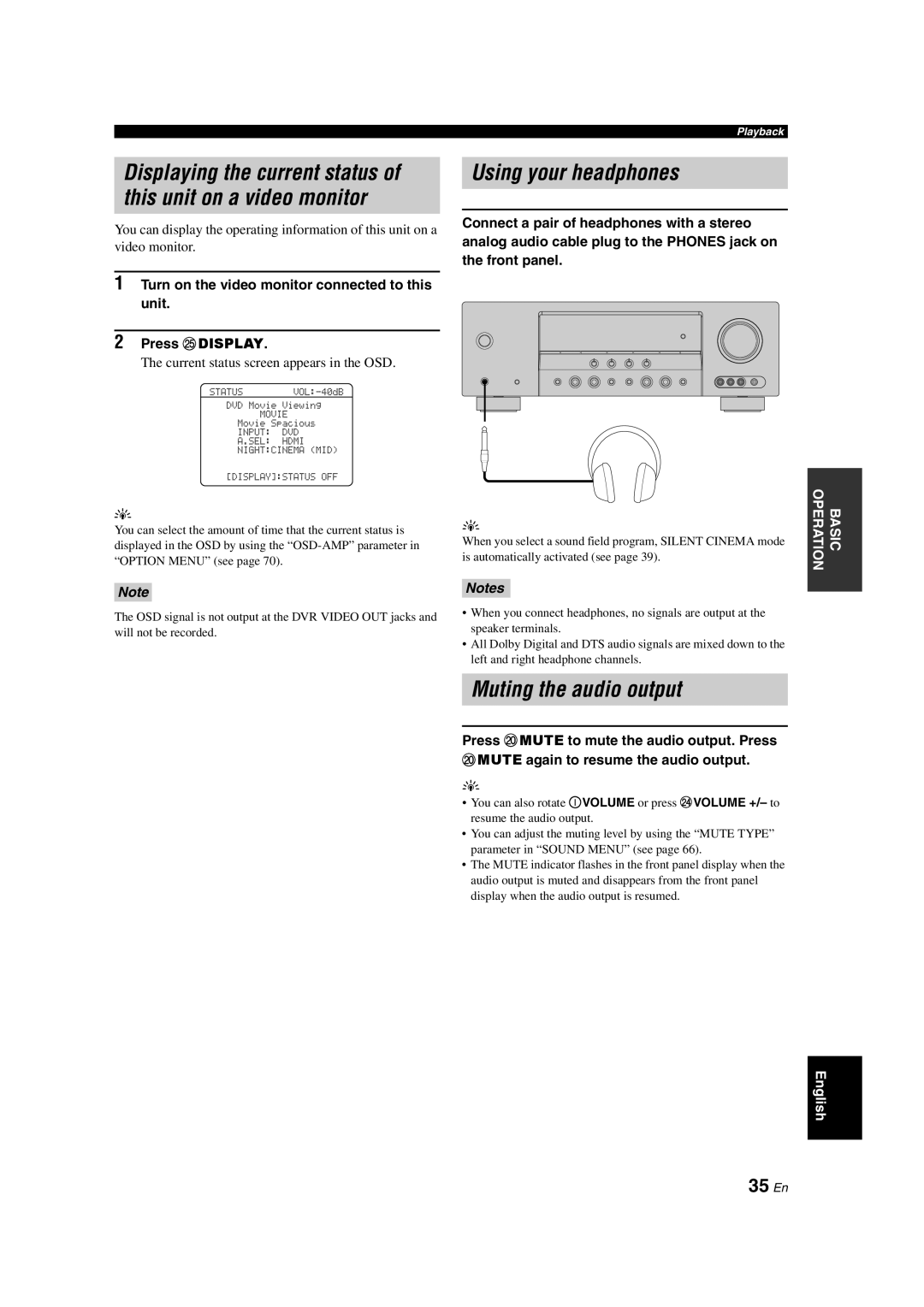 Yamaha HTR-6140 Using your headphones, Muting the audio output, 35 En, Current status screen appears in the OSD 