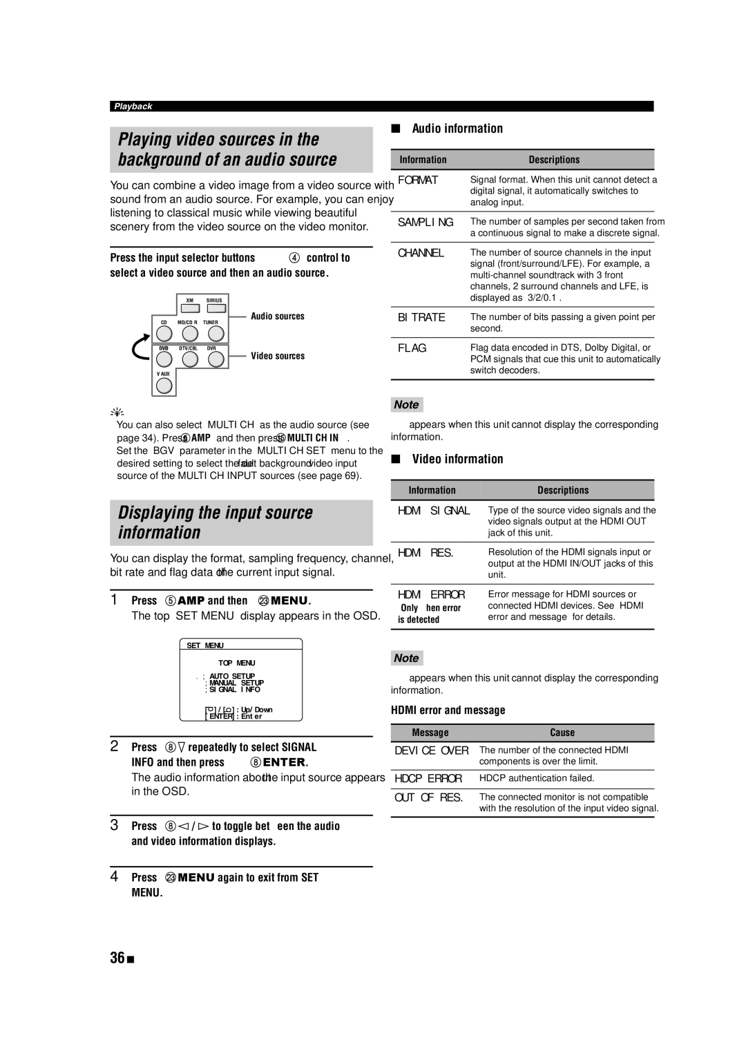 Yamaha HTR-6140 owner manual Displaying the input source information, 36 En, Audio information, Video information 