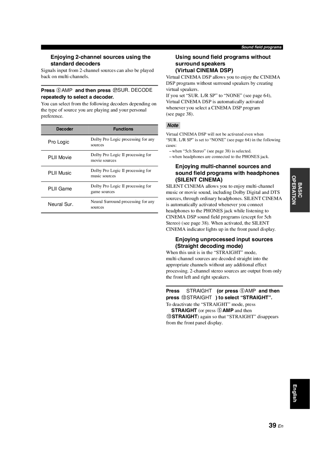 Yamaha HTR-6140 owner manual 39 En, Enjoying 2-channel sources using Standard decoders 