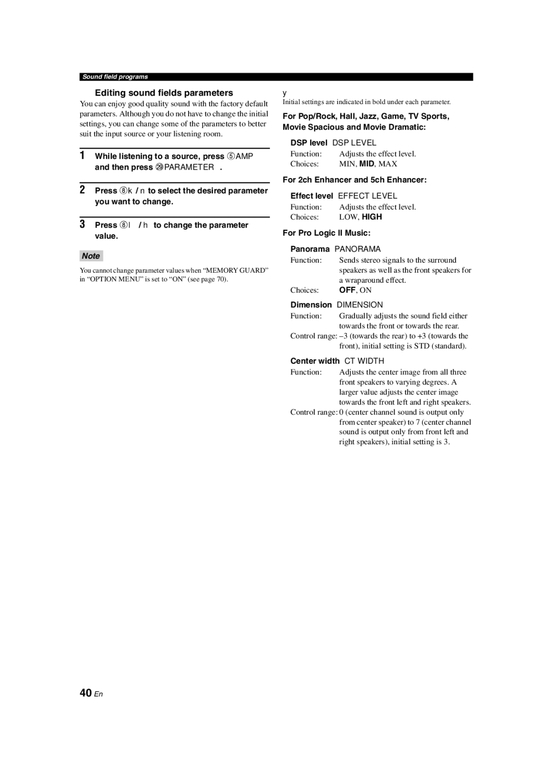 Yamaha HTR-6140 owner manual 40 En, Editing sound fields parameters 