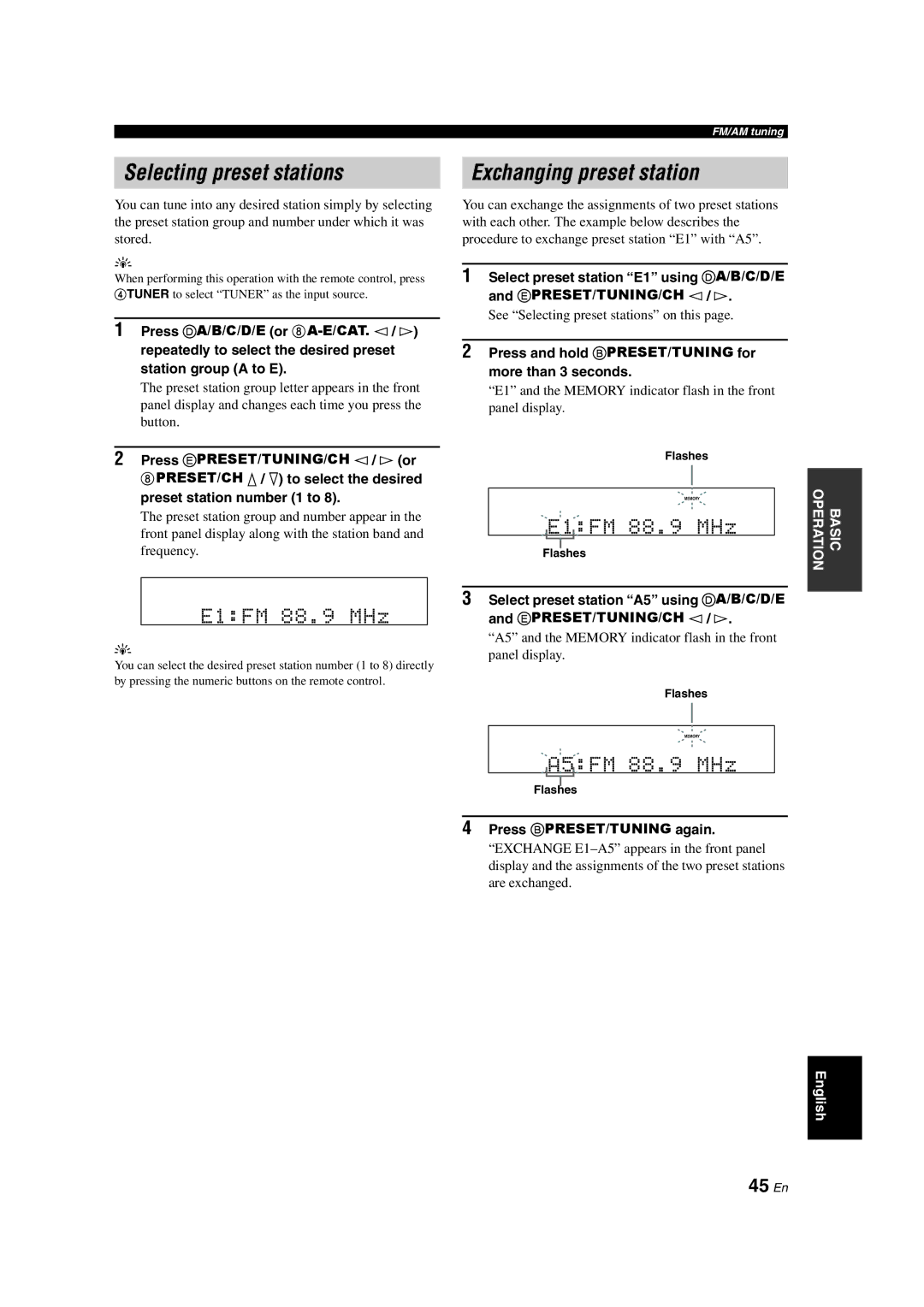 Yamaha HTR-6140 owner manual Exchanging preset station, 45 En, See Selecting preset stations on this 