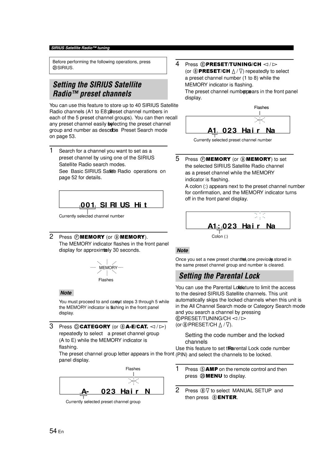 Yamaha HTR-6140 owner manual Setting the Parental Lock, 54 En, Setting the code number and the locked Channels 