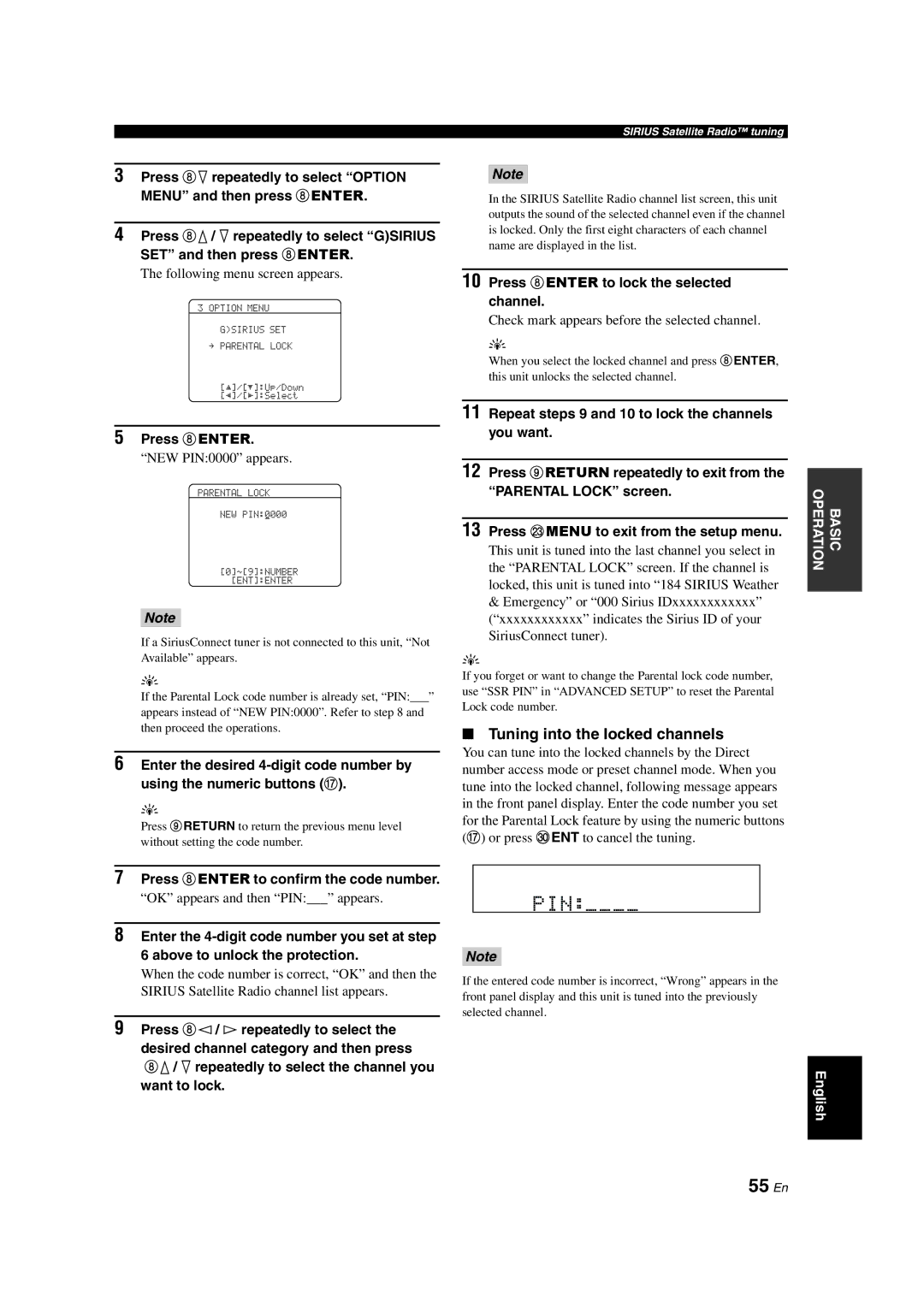 Yamaha HTR-6140 owner manual 55 En, Tuning into the locked channels, Press 8ENTER to confirm the code number 