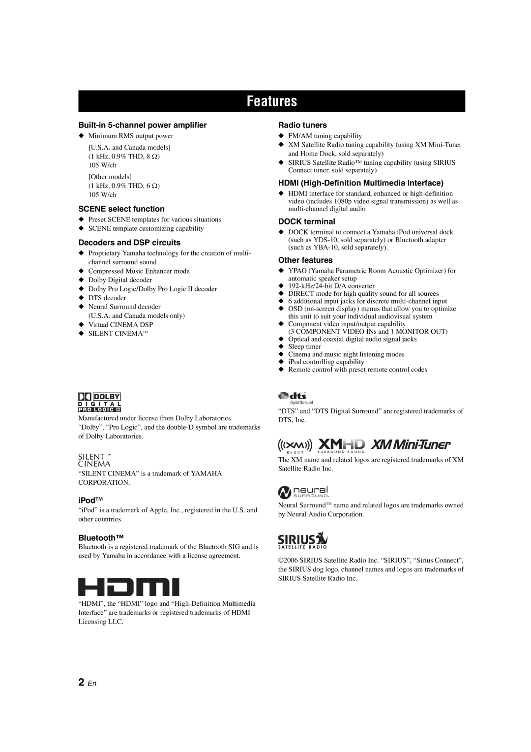 Yamaha HTR-6140 owner manual Features 