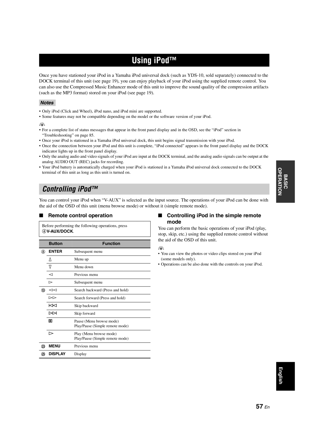 Yamaha HTR-6140 owner manual Using iPod, 57 En, Remote control operation, Controlling iPod in the simple remote Mode 