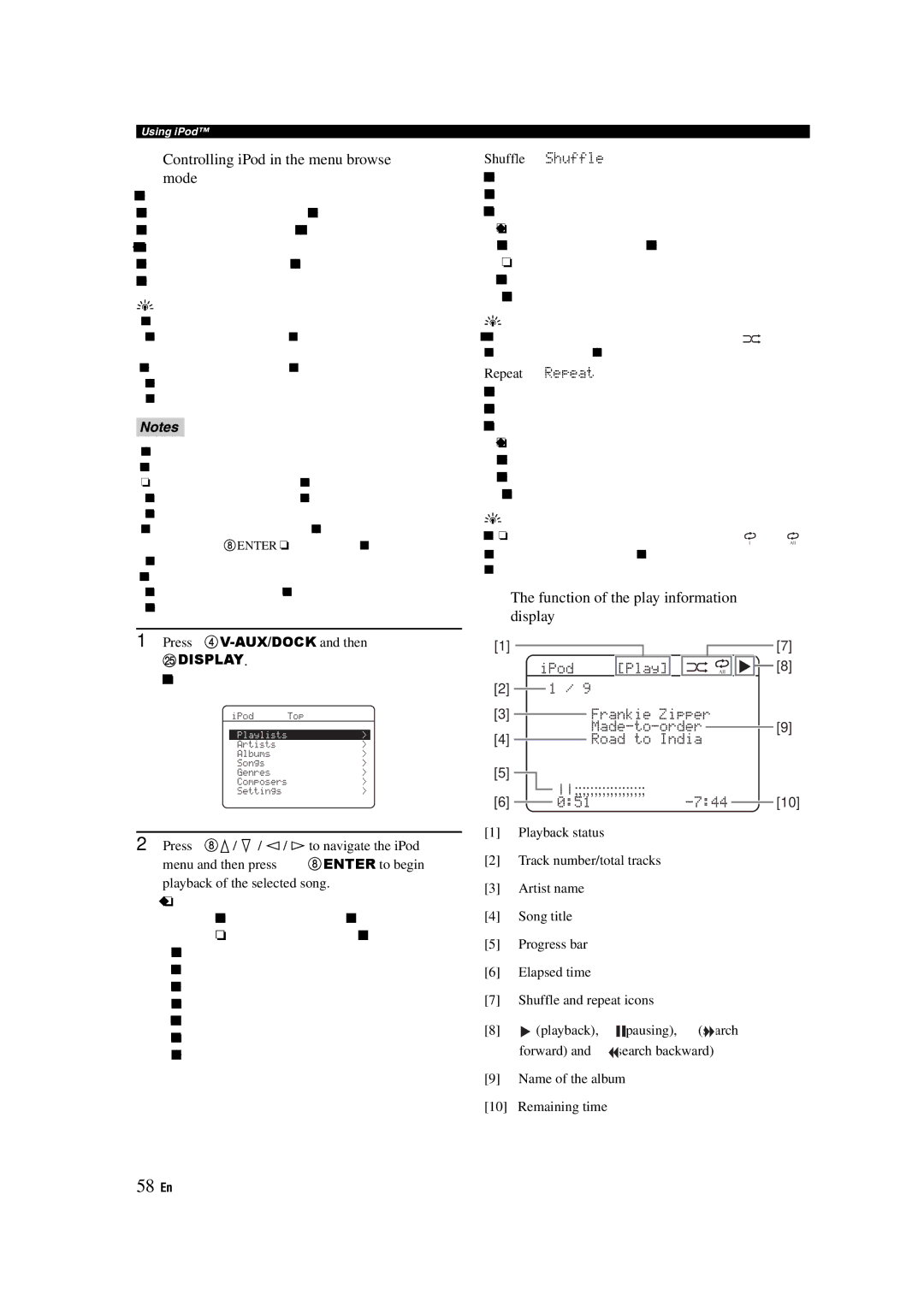 Yamaha HTR-6140 owner manual 58 En, Controlling iPod in the menu browse Mode, Function of the play information display 