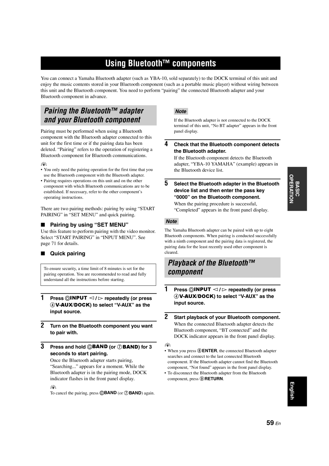 Yamaha HTR-6140 owner manual Using Bluetooth components, 59 En, Pairing by using SET Menu, Quick pairing 