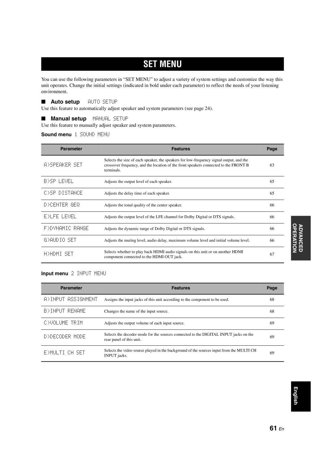 Yamaha HTR-6140 owner manual 61 En, Auto setup Auto Setup, Manual setup Manual Setup 