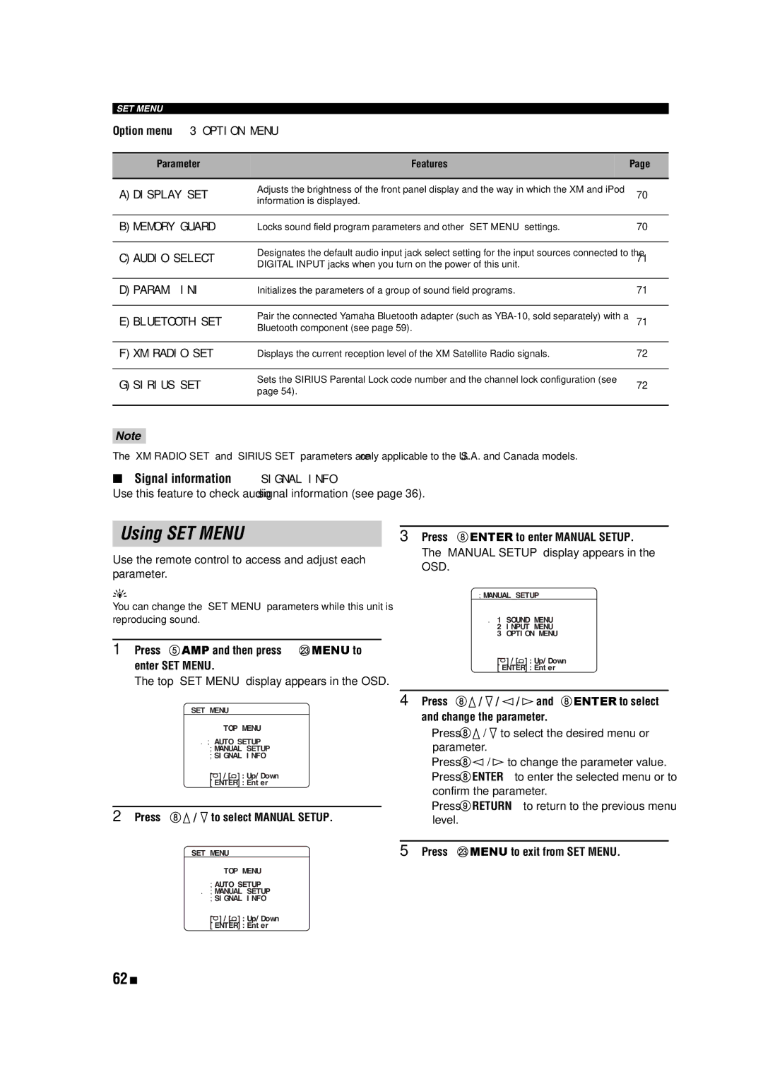 Yamaha HTR-6140 owner manual Using SET Menu, 62 En, Signal information Signal Info 