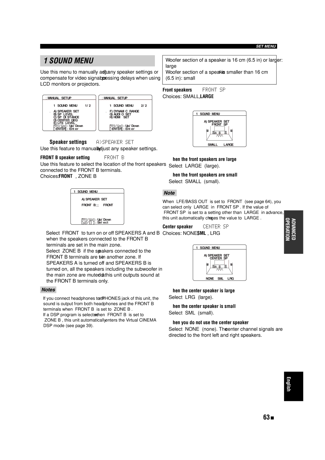 Yamaha HTR-6140 owner manual 63 En, Speaker settings Aspeaker SET 