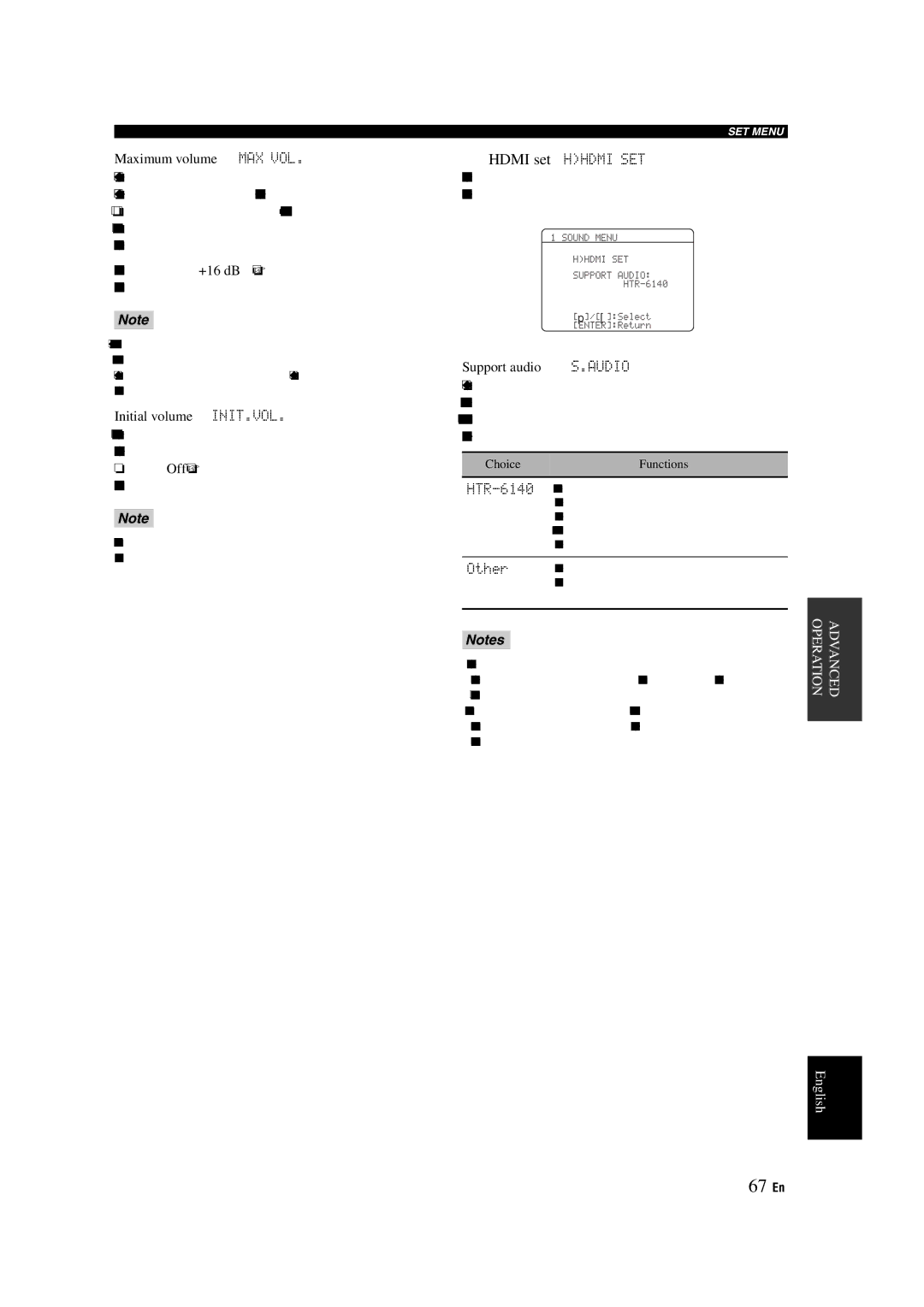 Yamaha HTR-6140 owner manual 67 En, Maximum volume MAX VOL, Initial volume INIT.VOL, Support audio S.AUDIO 