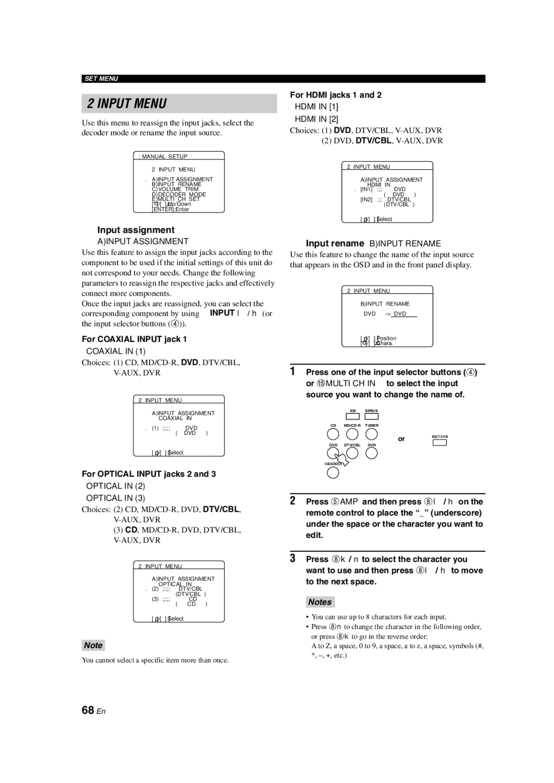 Yamaha HTR-6140 owner manual 68 En, Input assignment, For Coaxial Input jack, For Optical Input jacks 2, For Hdmi jacks 1 