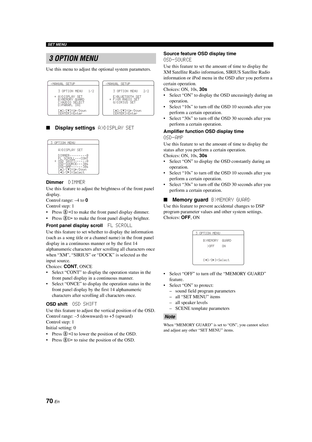 Yamaha HTR-6140 owner manual 70 En, Display settings Adisplay SET 