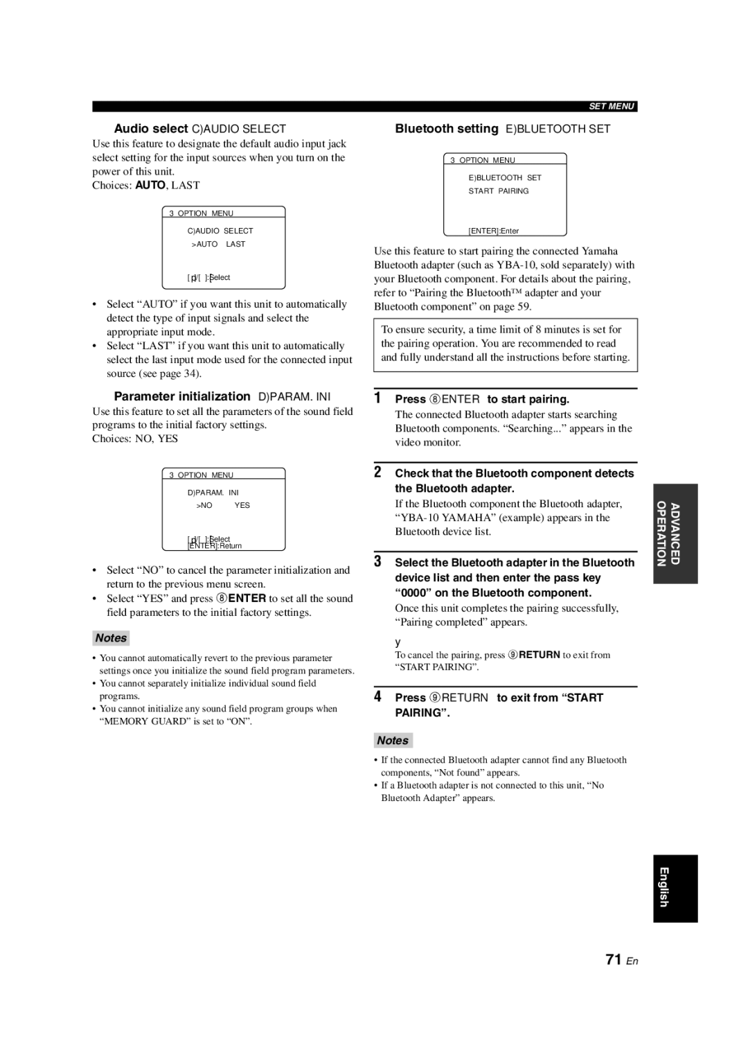 Yamaha HTR-6140 owner manual 71 En, Parameter initialization DPARAM. INI, Bluetooth setting Ebluetooth SET 