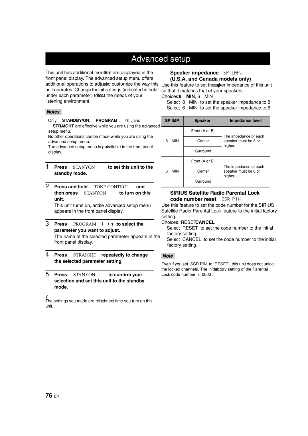 Yamaha HTR-6140 Advanced setup, 76 En, Speaker impedance SP IMP A. and Canada models only, Speaker Impedance level 