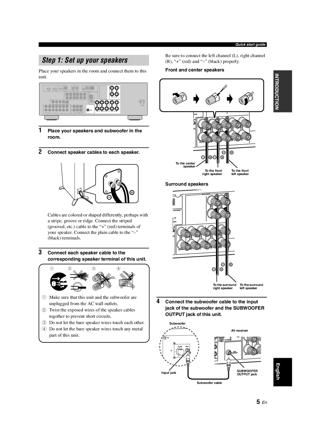 Yamaha HTR-6140 owner manual Front and center speakers, Surround speakers 