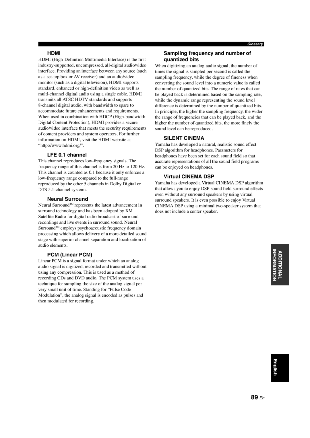 Yamaha HTR-6140 89 En, LFE 0.1 channel, Neural Surround, PCM Linear PCM, Sampling frequency and number Quantized bits 