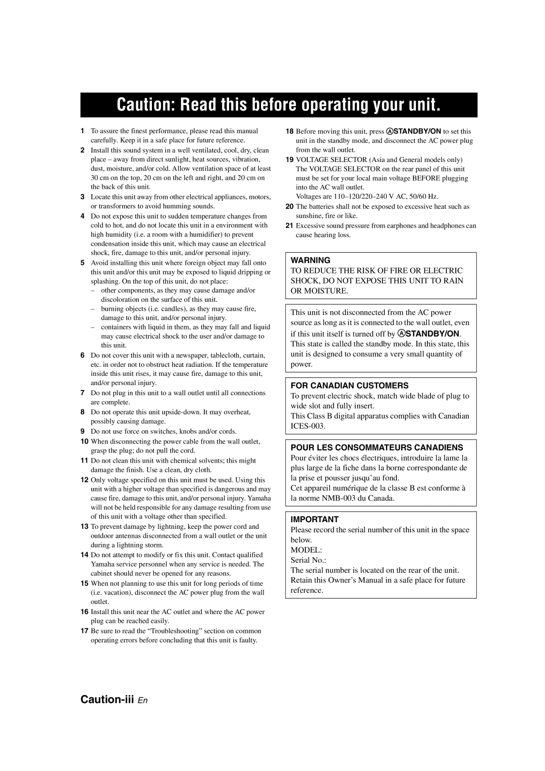 Yamaha HTR-6140 owner manual Caution: Read this before operating your unit, Caution-iii En 