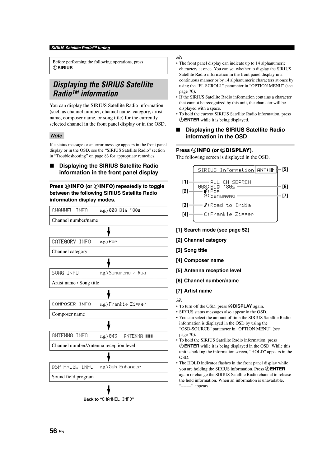 Yamaha HTR-6140 owner manual Displaying the SIRIUS Satellite Radio information, 56 En 