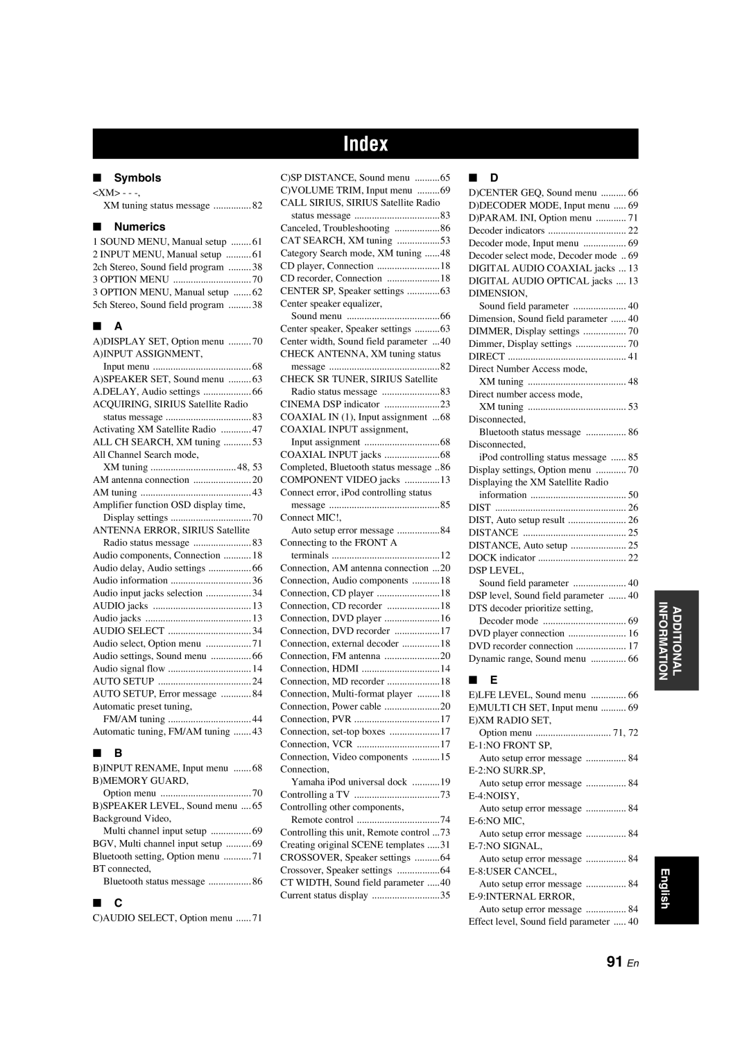 Yamaha HTR-6140 owner manual Index, 91 En 