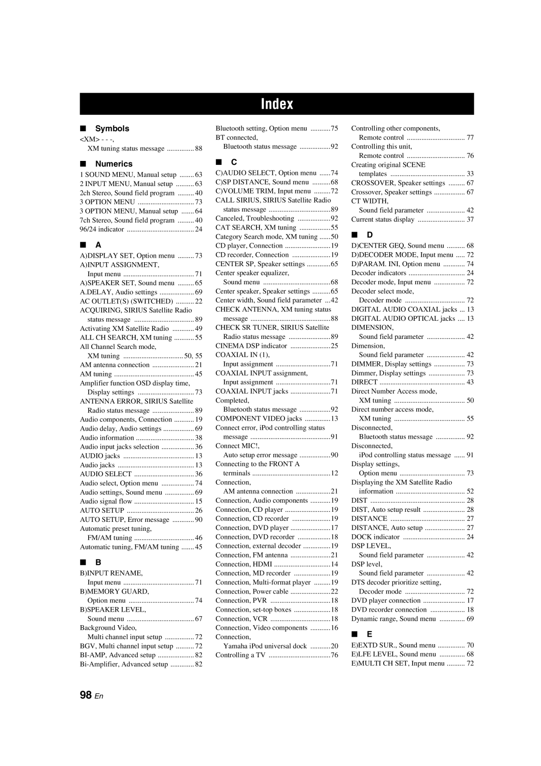 Yamaha HTR-6150 owner manual Index, 98 En, Symbols, Numerics 