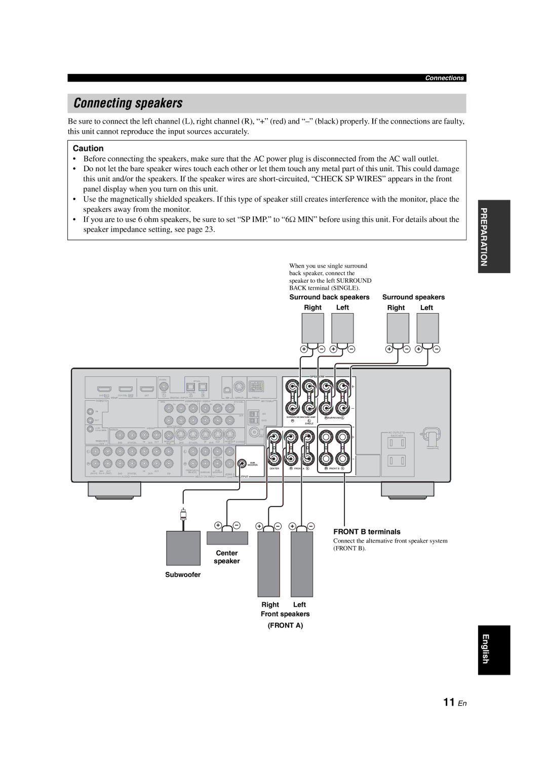 Yamaha HTR-6150 owner manual Connecting speakers, 11 En, Front B terminals 