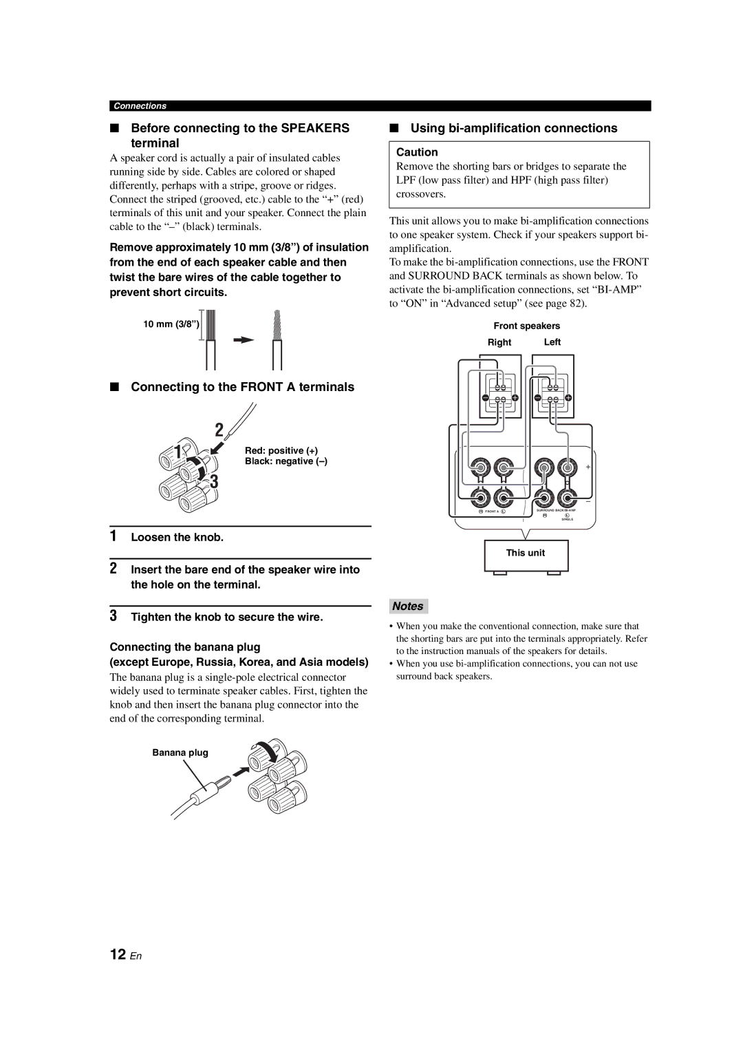 Yamaha HTR-6150 owner manual 12 En, Before connecting to the Speakers Terminal, Connecting to the Front a terminals 