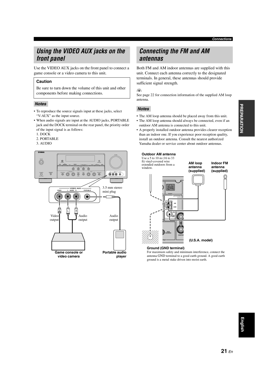 Yamaha HTR-6150 owner manual Using the Video AUX jacks on the front panel, Connecting the FM and AM antennas, 21 En 