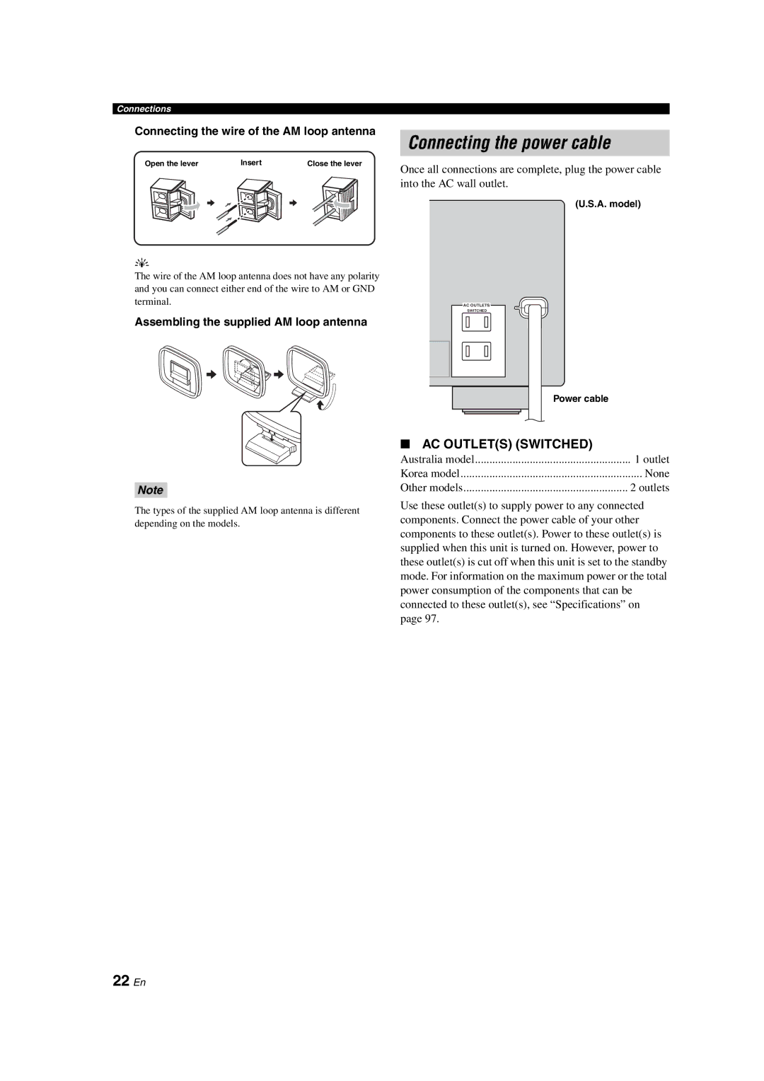 Yamaha HTR-6150 owner manual Connecting the power cable, 22 En, Connecting the wire of the AM loop antenna 