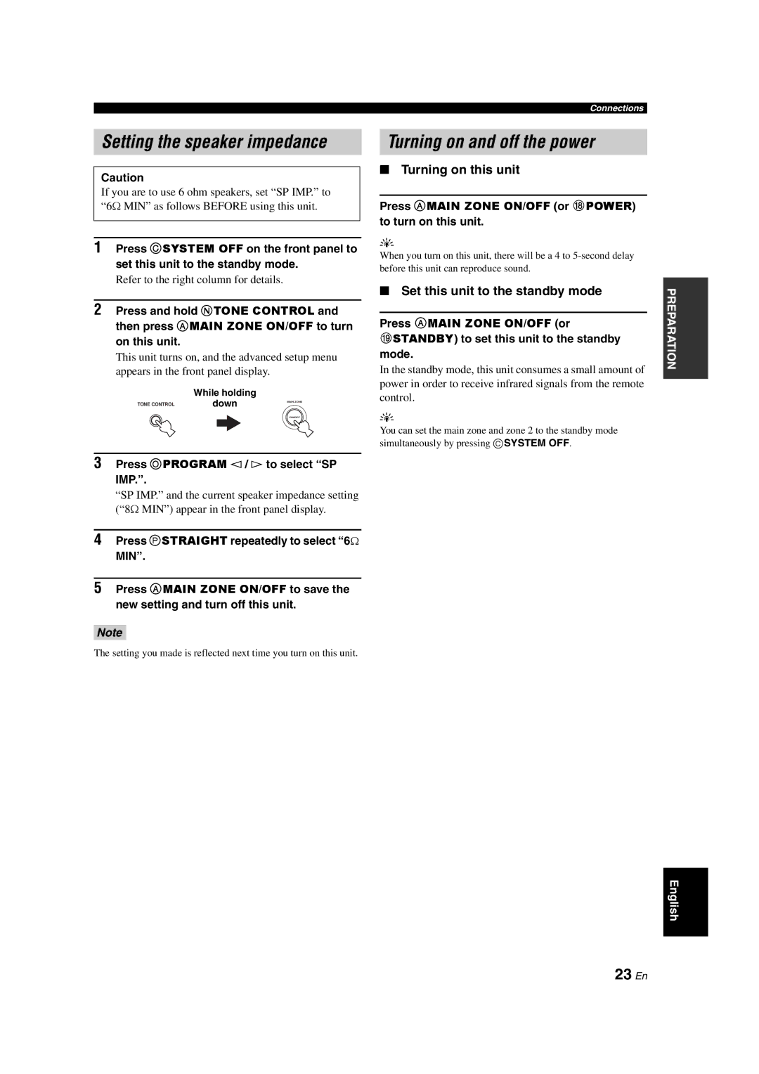 Yamaha HTR-6150 owner manual Setting the speaker impedance, Turning on and off the power, 23 En, Turning on this unit 