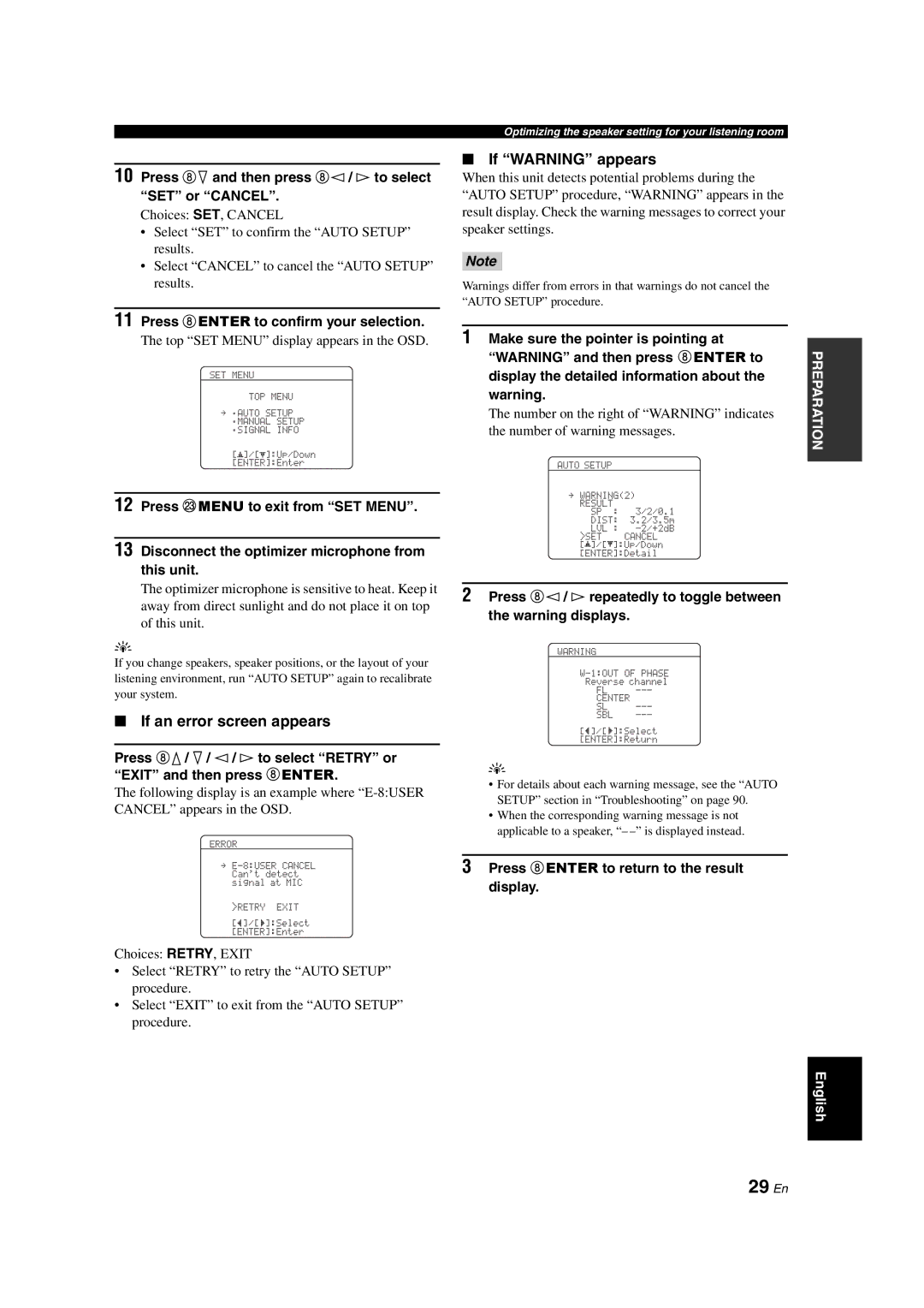 Yamaha HTR-6150 owner manual 29 En, If an error screen appears, If Warning appears, Press 8ENTER to confirm your selection 