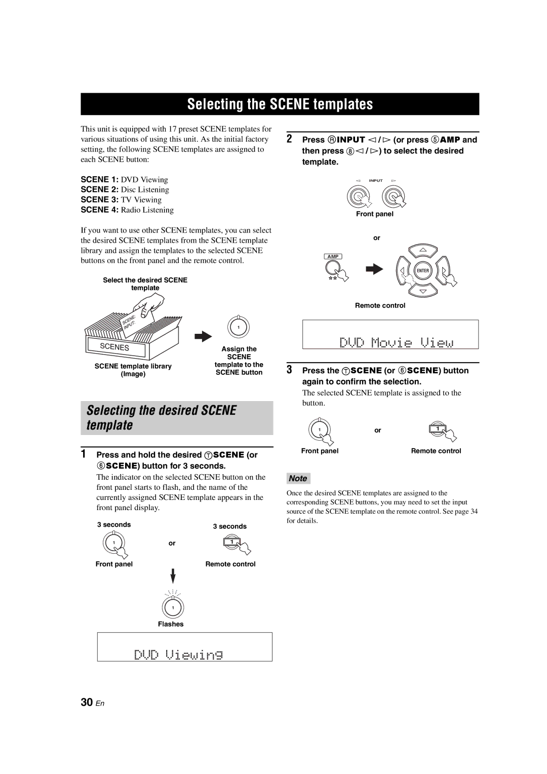 Yamaha HTR-6150 owner manual Selecting the Scene templates, Selecting the desired Scene template, 30 En 