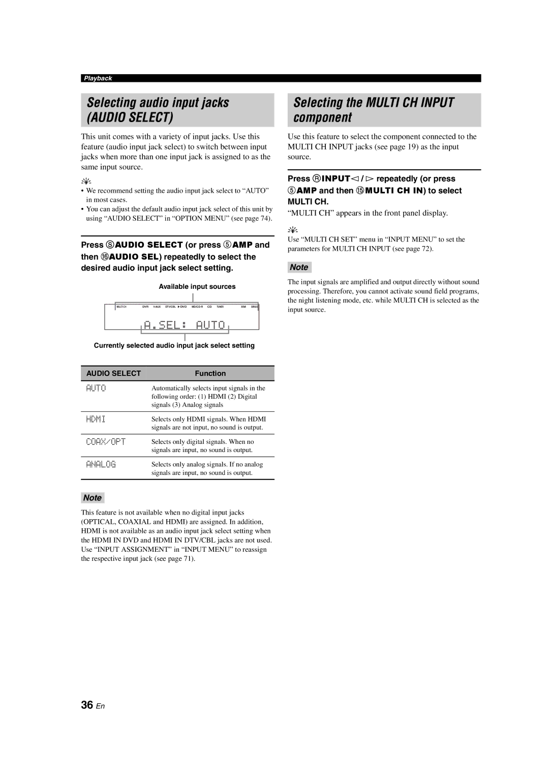 Yamaha HTR-6150 owner manual Selecting audio input jacks, Selecting the Multi CH Input component, 36 En 