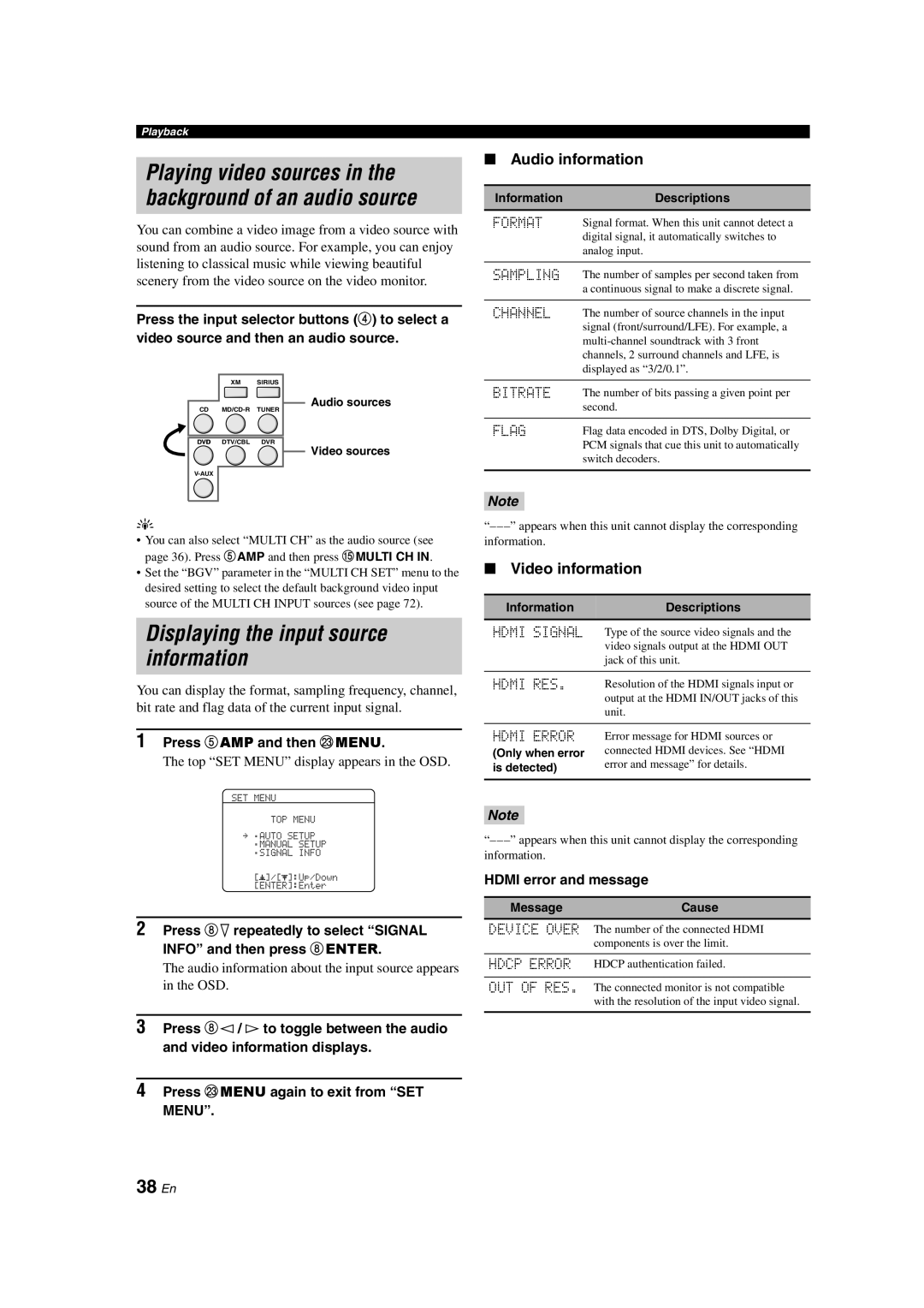 Yamaha HTR-6150 owner manual Displaying the input source information, 38 En, Audio information, Video information 