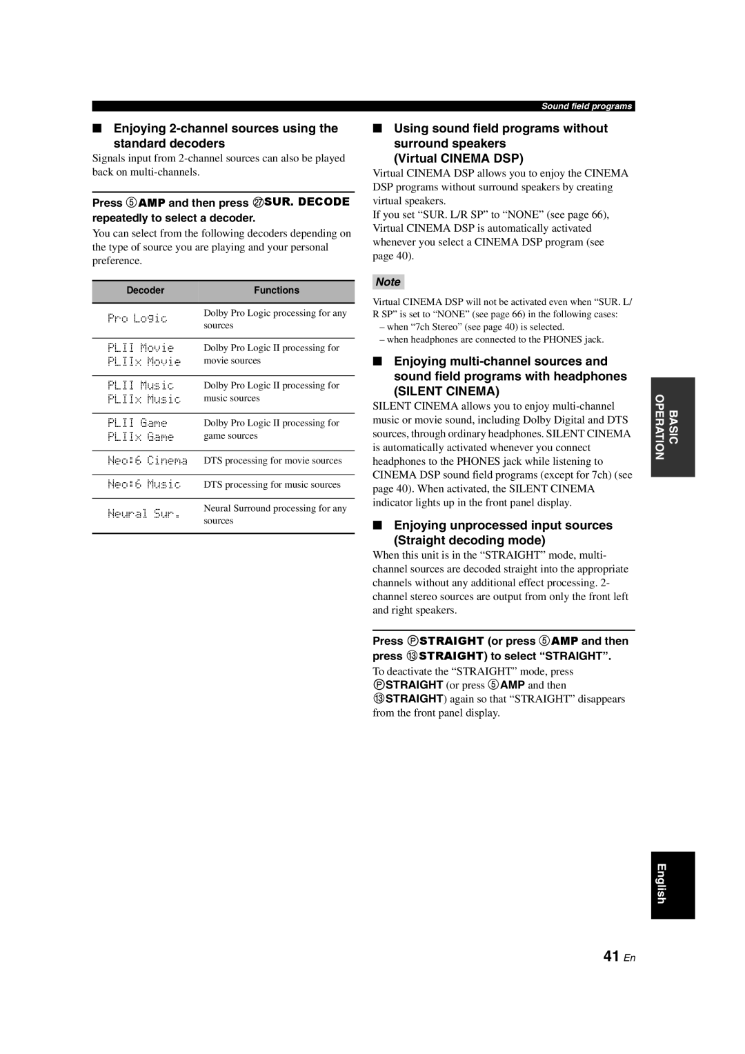 Yamaha HTR-6150 owner manual 41 En, Enjoying 2-channel sources using Standard decoders 