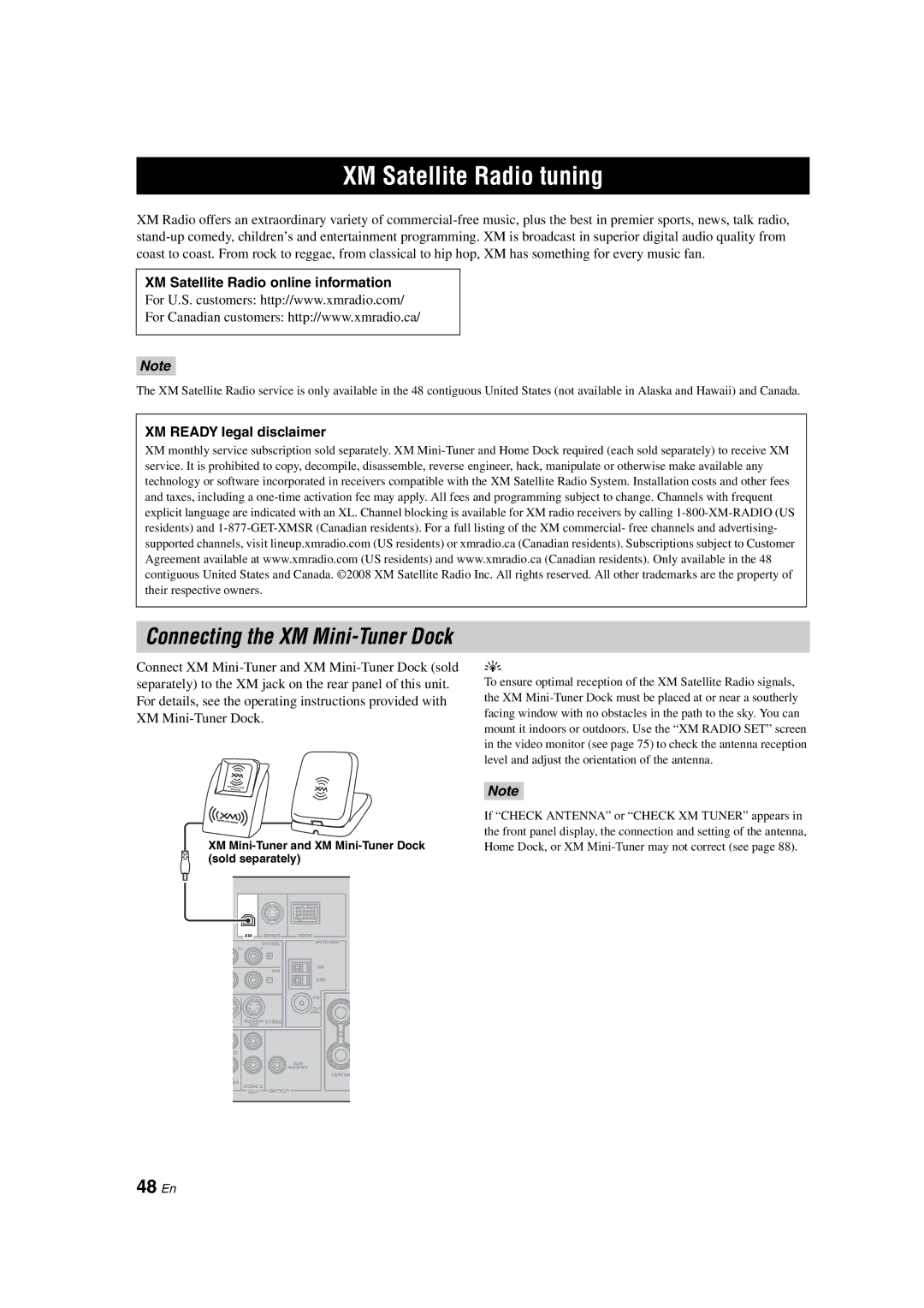 Yamaha HTR-6150 XM Satellite Radio tuning, 48 En, XM Satellite Radio online information, XM Ready legal disclaimer 