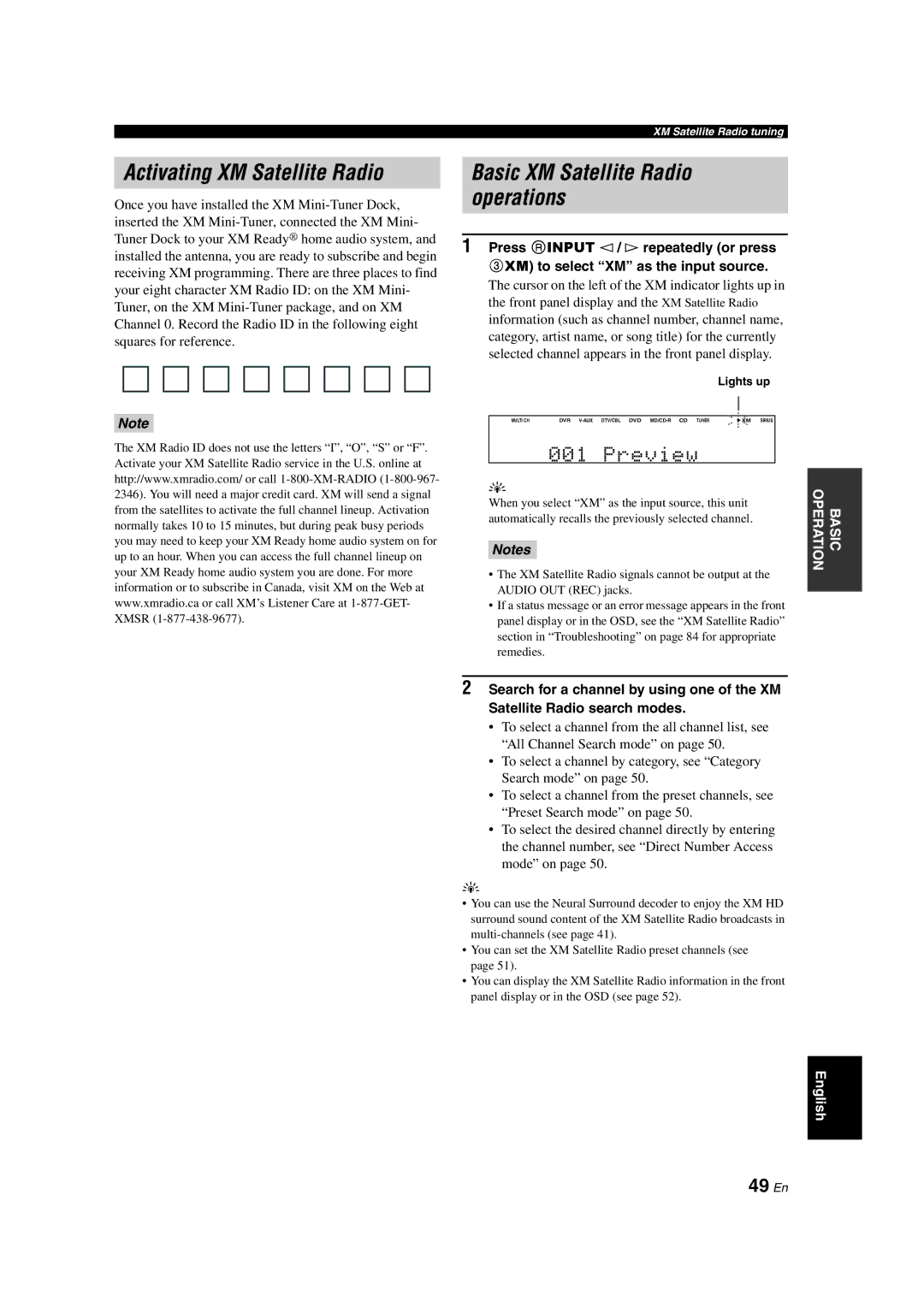 Yamaha HTR-6150 owner manual Activating XM Satellite Radio, Basic XM Satellite Radio operations, 49 En 