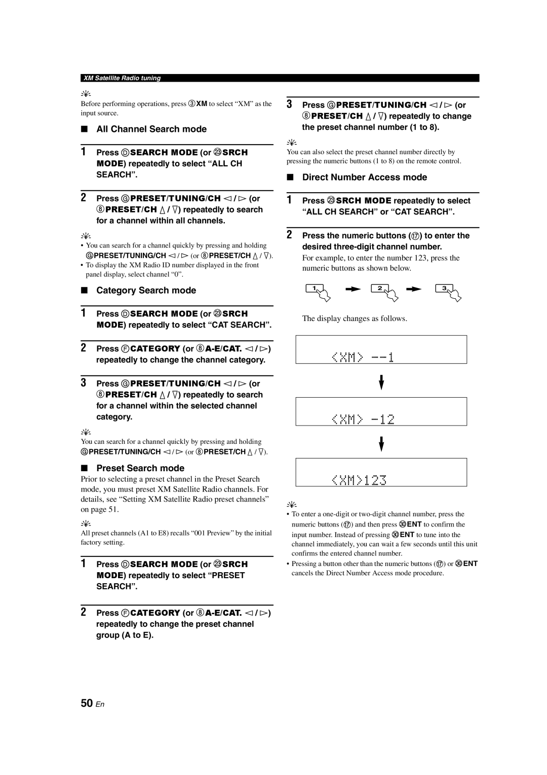 Yamaha HTR-6150 50 En, All Channel Search mode, Category Search mode, Preset Search mode, Direct Number Access mode 