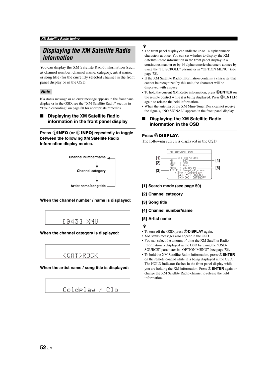 Yamaha HTR-6150 owner manual Displaying the XM Satellite Radio information, 52 En 