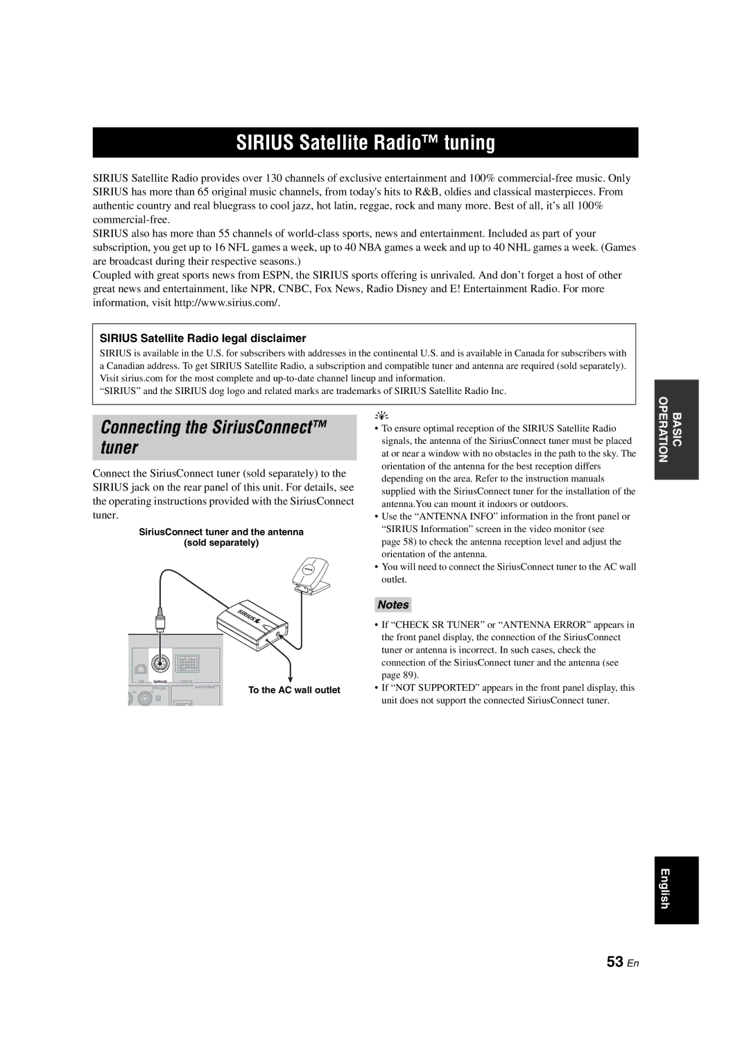 Yamaha HTR-6150 owner manual Sirius Satellite Radio tuning, Connecting the SiriusConnect tuner, 53 En 